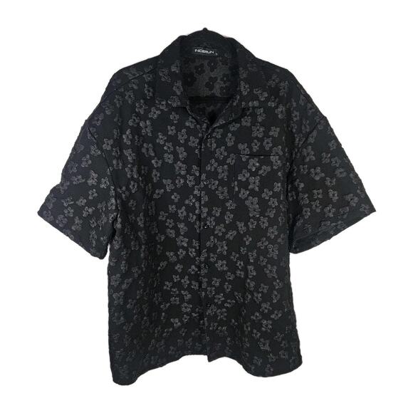 INCERUN Men's Black Floral Jacquard Short-Sleeved Button-Down Shirt XL - Picture 1 of 7